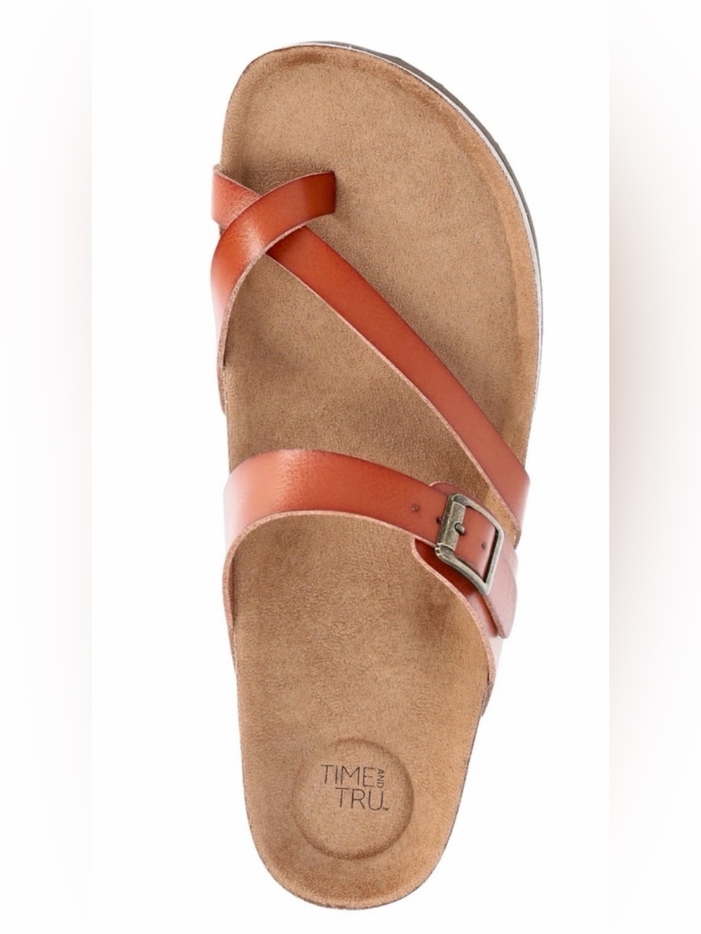 New Time and Tru Women's Asymmetric Strap Footbed Cognac Sandals